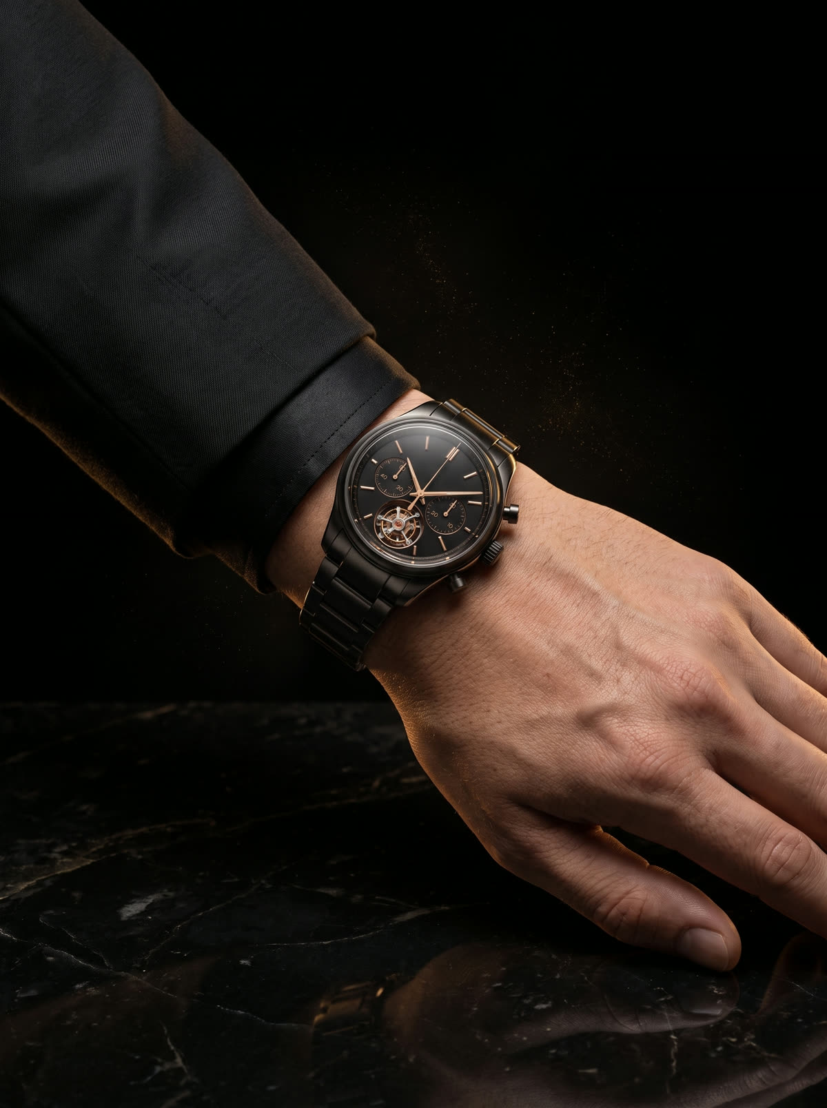 The Eclipse worn on a wrist, dark suit